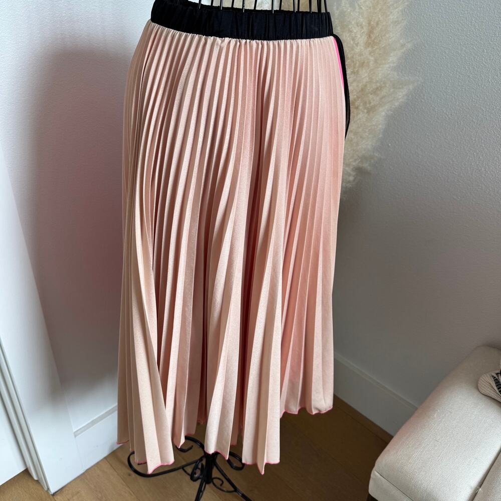 Loyd/Ford Pink Pleated Satin Sheer Black Overlay Midi Colorblock Skirt- Small - Picture 8 of 8